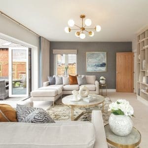 Modern home living room with open patio doors